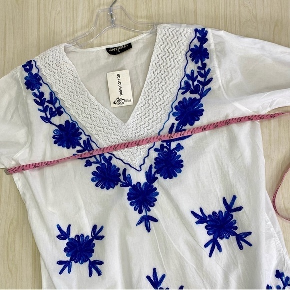 Antigua White blue embroidered swim cover up or tunic top size L - Picture 5 of 11